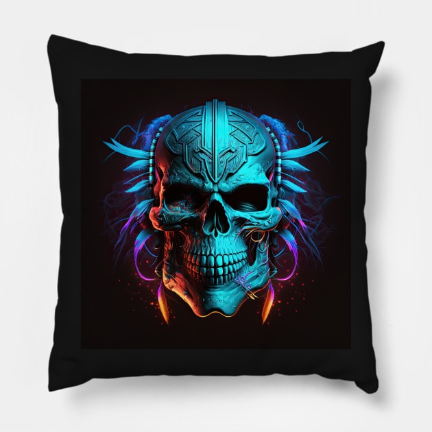 The Warrior - Neon SKull Pillow by ArtOfArtiglio