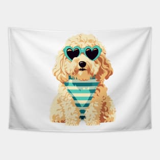 Cute Goldendoodle with Heart Sunglasses Tapestry