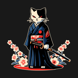 Kawaii Cat Anime Japanese Retro Samurai Novelty Funny Cat T-Shirt