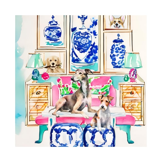 Lurcher and Fox terrier in preppy interior by SophieClimaArt