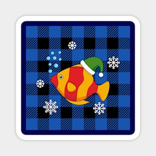 Xmas Tropical Fish Cartoon on Blue Buffalo Pattern Magnet