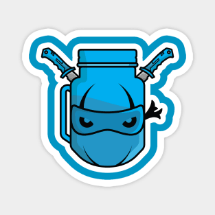 Ninja Mascot with Jar Mug and Metal Swords Sticker vector illustration. Food and drink object icon concept. Summer fresh juice sticker icon logo. Creative ninja juice sticker logo icon. Magnet