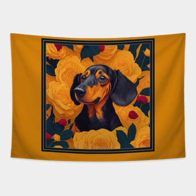 Dogs, dachshund and flowers, dog, style vector (yellow version dachshund) Tapestry by xlhombat