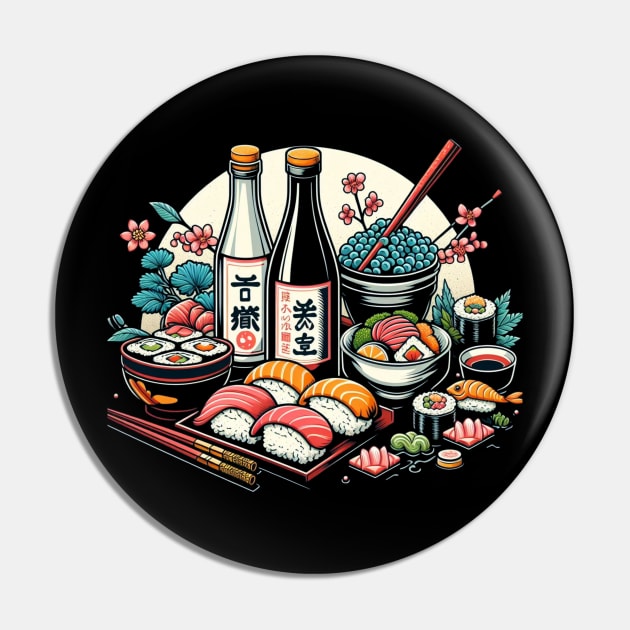 Sushi & Sake Elegance - Artistic Japanese Cuisine Pin by CP6Design