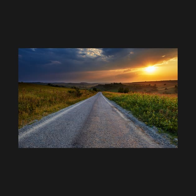 Road through corn fields at sunset by naturalis