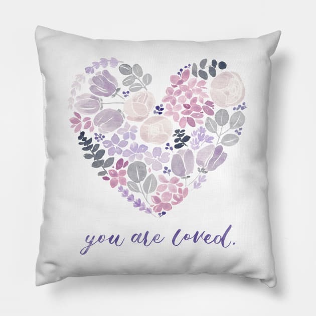 Purple Floral Heart "You are Loved" Watercolour Painting Pillow by Flowering Words