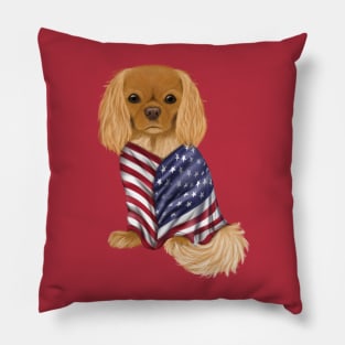 USA American Flag, Ruby Cavalier King Charles Spaniel Pillow