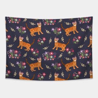 Cute Bengal Cat and Flowers Tapestry