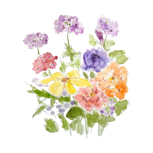 marigold verbena and petunia ink and watercolor by colorandcolor