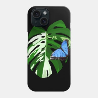 Blue Morpho Butterfly on a Monstera Albo Leaf Phone Case