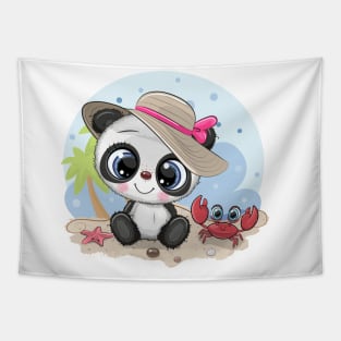 Cute panda sitting on the beach. Tapestry