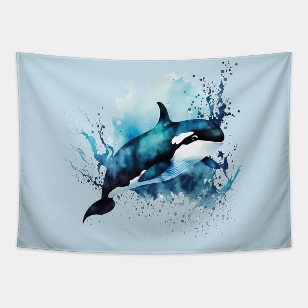 Ocean Symphony: Artistic Orca Leap Tapestry by ConnectingtoNature