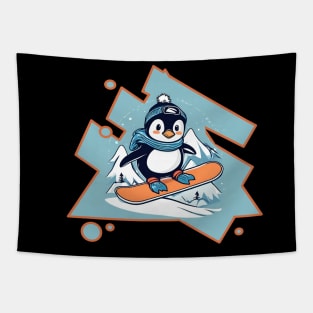 Penguin Snowboarding Tapestry