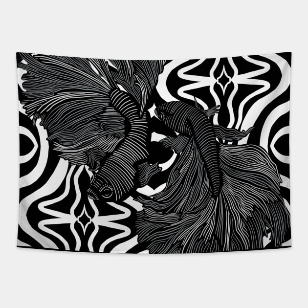 Two Betta Fish on Black and White Pattern Tapestry by Suneldesigns