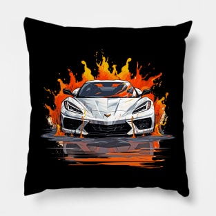 Arctic White C8 Corvette Racecar with Flaming Background Pillow