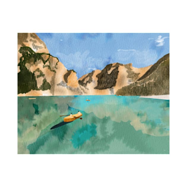 Mountain and lake watercolor landscape painting by Doodle Intent