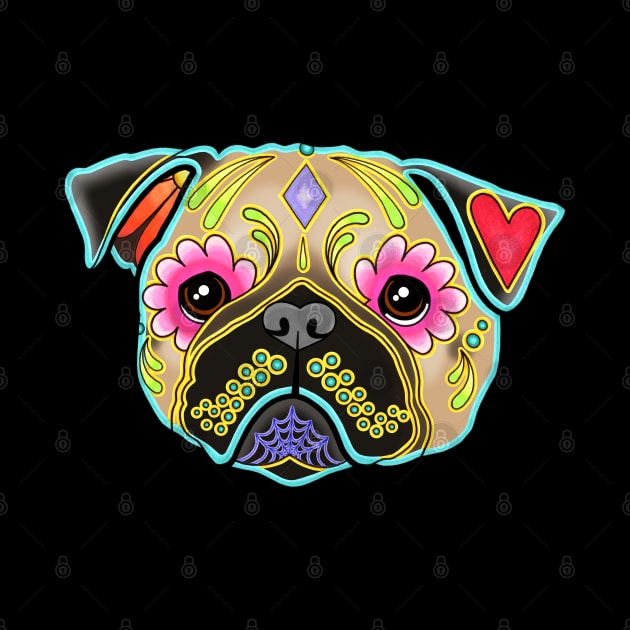 Pug in Fawn - Day of the Dead Sugar Skull Dog by prettyinink