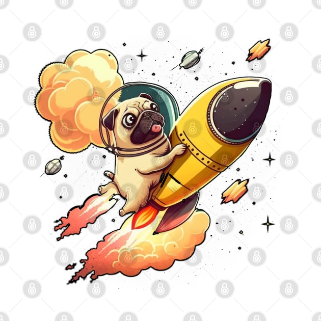 pug flying into space with a rocket by bmron