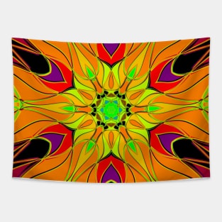 Cartoon Mandala Flower Orange Green and Red Tapestry