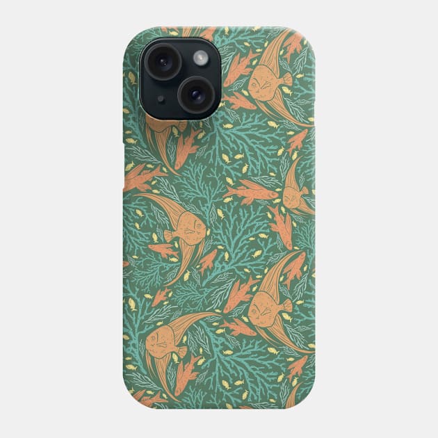 Green coral with orange fish on green background Phone Case by PinataFoundry