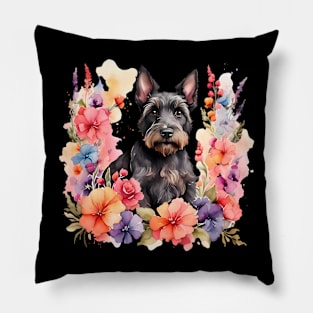 A scottish terrier decorated with beautiful watercolor flowers Pillow