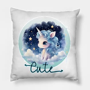 Cute Baby Unicorn on Clouds and Starry Sky Watercolor Illustration Pillow