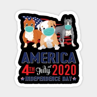 Pitbull Dogs With US Flag And Face Masks Happy America 4th July Of 2020 Independence Day Magnet