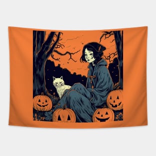 Halloween Sad Woman with Cat and coat Tapestry