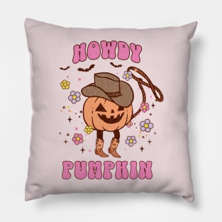 Western Halloween Howdy Pumpkin Pink Jack O Lantern Retro Cowboy Pillow