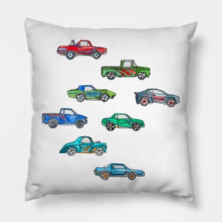 Little Toy Cars in Watercolor on White Pillow