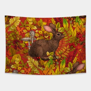 Autumn Rabbit on red Tapestry