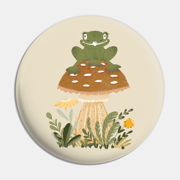 Cute Cottagecore Goblincore Frog Sat on a Forest Mushroom Pin by uncommontee