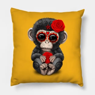 Red Day of the Dead Sugar Skull Baby Chimp Pillow