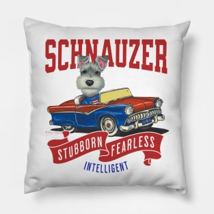 Humor funny cute schnauzer dog driving a classic retro vintage car with red white and blue flags Pillow