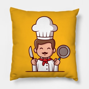 Cute Chef Holding Frying Pan And Knife Cartoon Pillow