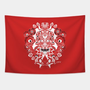 red rose crimson dawn ecopop tree of life catrina skull monster art Tapestry