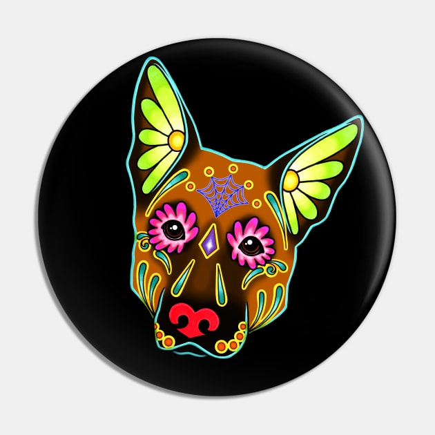 German Shepherd in Brown - Day of the Dead Sugar Skull Dog Pin by prettyinink