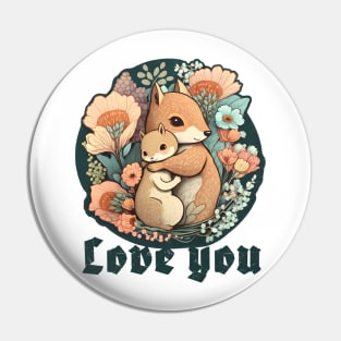 Mother and Baby Squirrel Embracing in Flowers Garden Love you Pin