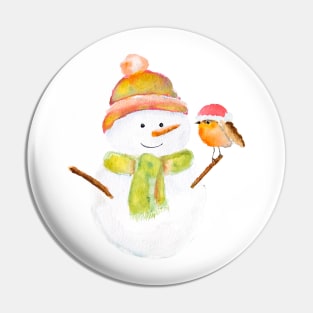 cute Christmas snowman and robin watercolor Pin