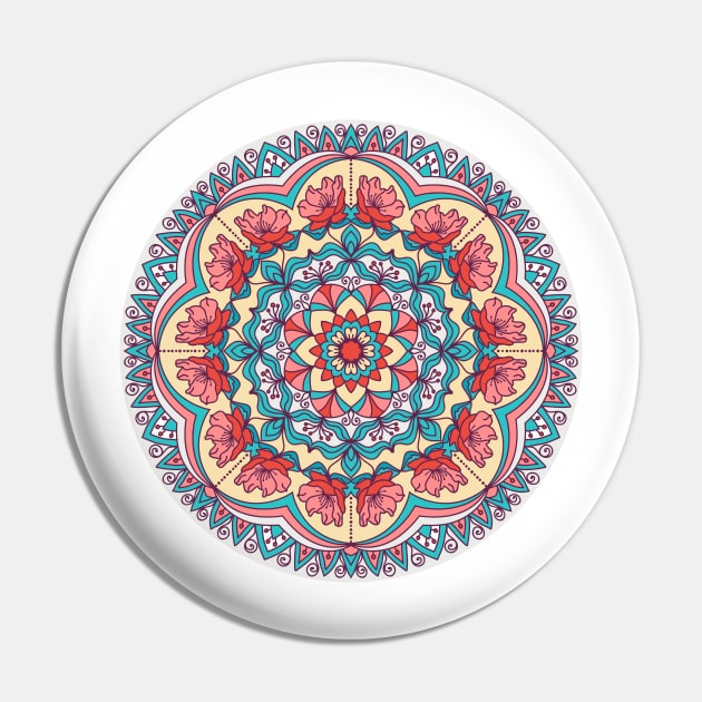 Colorful Floral hand drawn Mandala. Circle ornament in retro colors. Pin by NataliiaKu