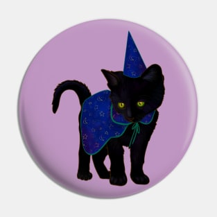 Halloween Black Kitten Dressed In Wizard Costume Pin