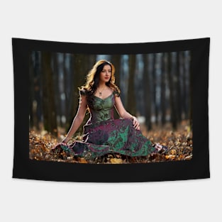 Beautiful woman in green dress outdoor Tapestry