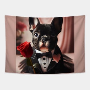 French bulldog dressed in tuxedo with red rose Tapestry