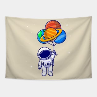 Cute Astronaut Floating With Planet balloons In Space  Cartoon Tapestry