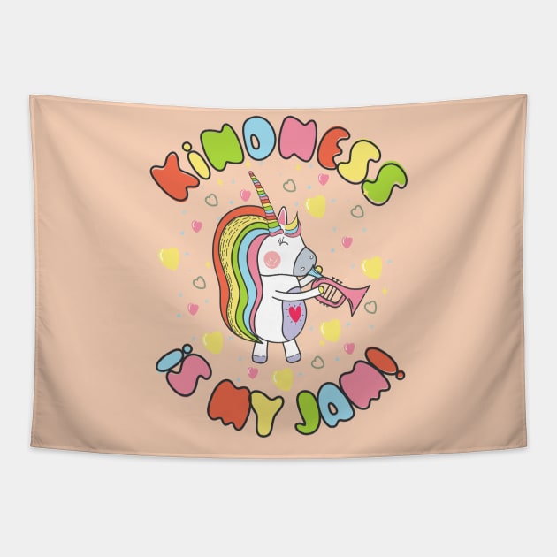 Kindness is My Jam with Cute Unicorn Playing a Trumpet Instrument Tapestry by Unified by Design