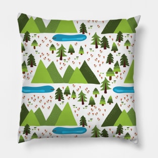 Mountain forest with lots of trees, flower meadow, and lakes on a white background. Pillow