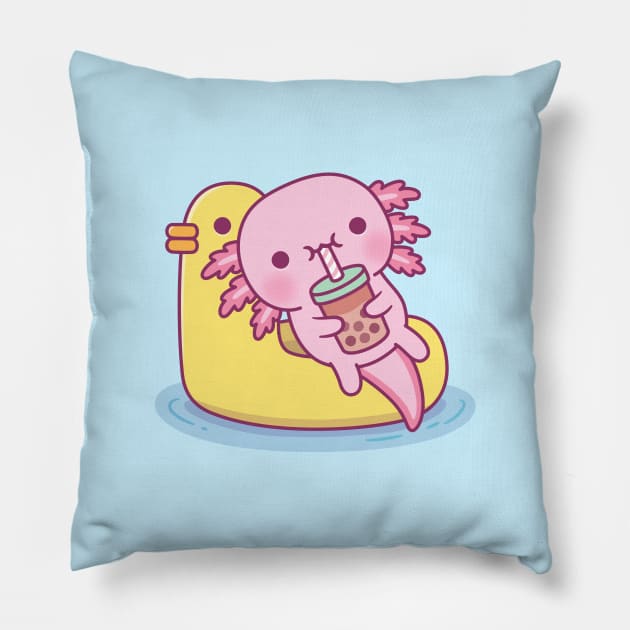 Cute Axolotl Chilling On Duck Pool Float Drinking Bubble Tea Pillow by rustydoodle