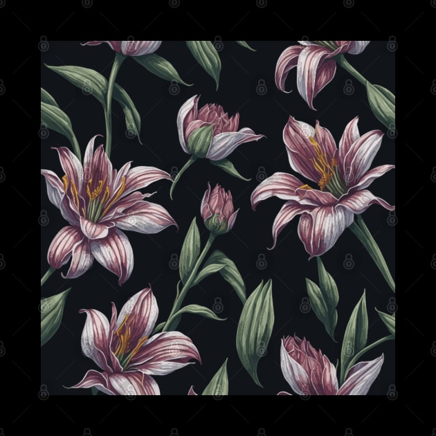 Lilies in Watercolor on Black by Siha Arts