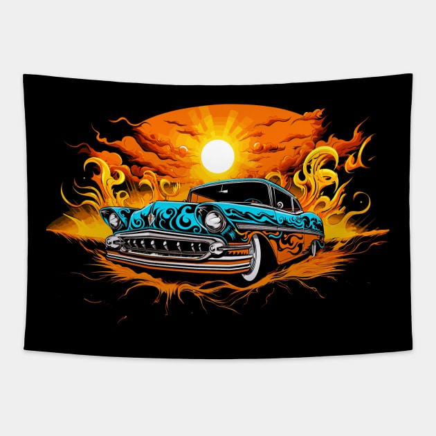 Lowrider Custom Classic Car Hotrod Sunset Lowrider Tapestry by Tees 4 Thee