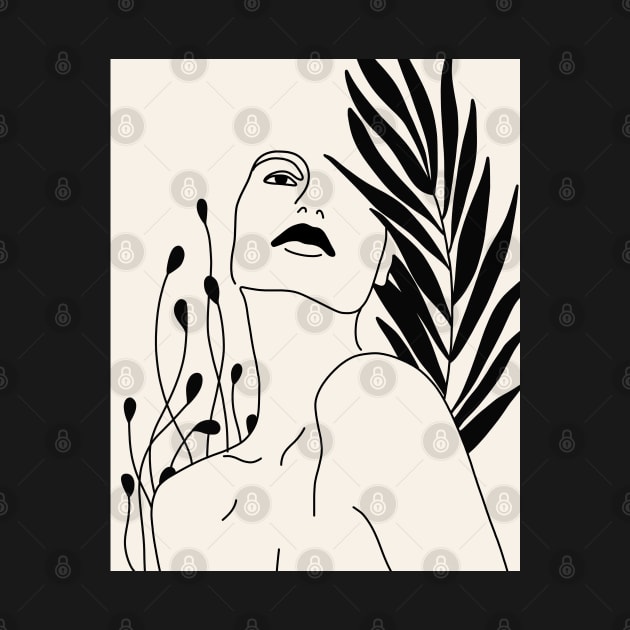 Woman Portrait And Plant Leaves Line Art by Trippycollage